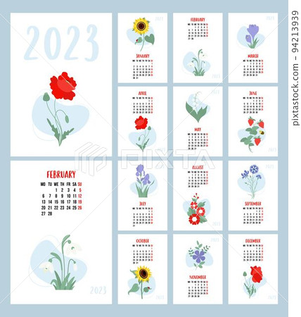 Floral printable calendar 2023. Flower snowdrops, lily of the valley, poppy, sunflower, irises, crocuses and mallows. Vector vertical template 12 pages and cover in English. Week from Monday 94213939