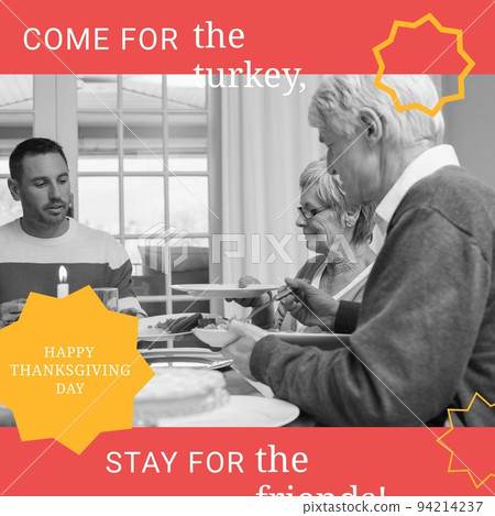 Composition of happy thanksgiving day text over caucasian family having dinner 94214237