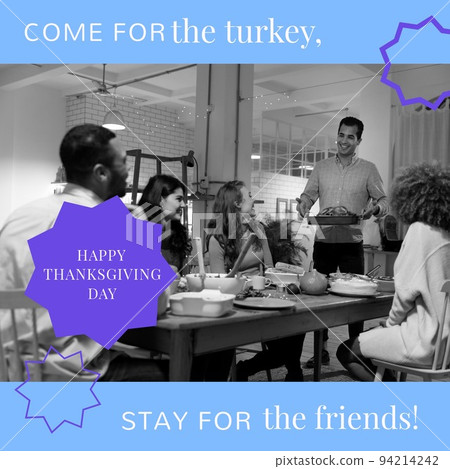 Composition of happy thanksgiving day text over caucasian family having dinner Composition of happy thanksgiving day text over caucasian family having dinner 94214242
