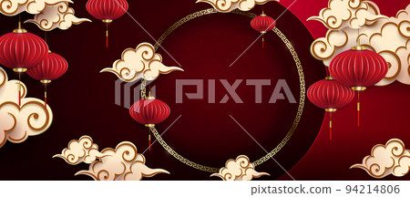 Composition with Asian lanterns and clouds in paper art style, round frame with a pattern Composition with Asian lanterns and clouds in paper art style, round frame with a pattern 94214806