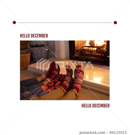 Hello december text over low section of parents with child wearing socks relaxing by fireplace Hello december text over low section of parents with child wearing socks relaxing by fireplace 94215015