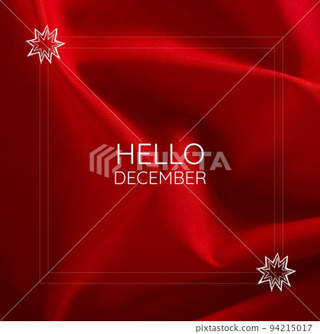 Composite of hello december text in white frames with star shape over red latex background Composite of hello december text in white frames with star shape over red latex background 94215017