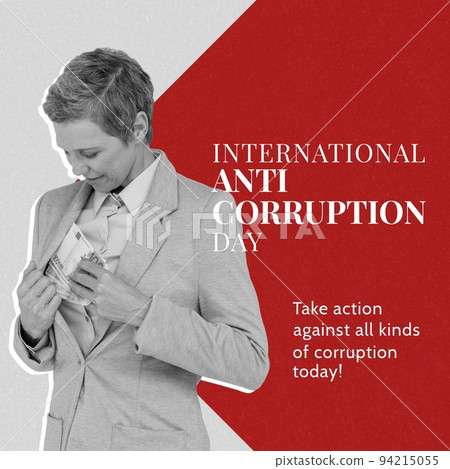 Composite of international anti corruption day and businesswoman with short hair hiding dollar bills 94215055