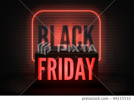 Black Friday luxury store vector poster design with neon light and red capital inscription Black Friday luxury store vector poster design with neon light and red capital inscription 94215532