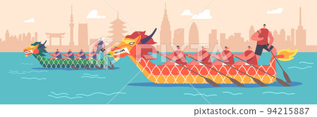 Sportsmen Rowing on Boat Dragon, Oriental Festival, Sport Competition, Extreme Activity, Championship Water Sports Games Sportsmen Rowing on Boat Dragon, Oriental Festival, Sport Competition, Extreme Activity, Championship Water Sports Games 94215887