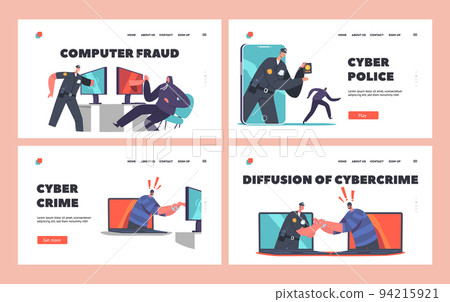 Cyber Police Landing Page Template Set. Policeman Character Catching Robber through Computer or Smartphone Screen Cyber Police Landing Page Template Set. Policeman Character Catching Robber through Computer or Smartphone Screen 94215921