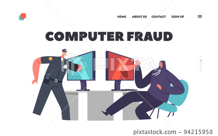 Computer Fraud Landing Page Template. Cyber Police Catching Robber through Pc. Policeman Defend Private Information Computer Fraud Landing Page Template. Cyber Police Catching Robber through Pc. Policeman Defend Private Information 94215958