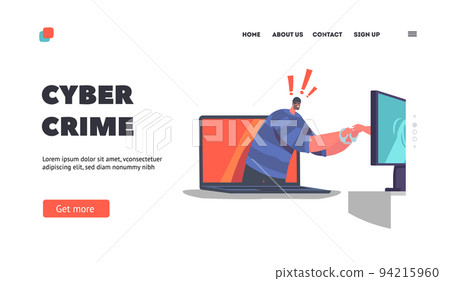 Cyber Crime Landing Page Template. Policeman Character Put Handcuffs on Bulgar Hands through Pc Desktop, Police Work 94215960