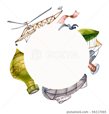 Circle frame of retro transport watercolor illustration isolated on white background Circle frame of retro transport watercolor illustration isolated on white background 94217085
