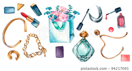 Banner of beauty accessories for woman watercolor illustration isolated on white 94217091