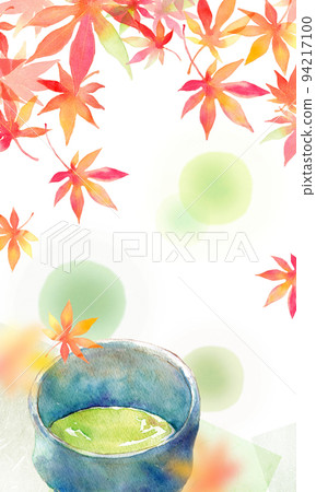 Autumn leaves and matcha green tea background material watercolor Autumn leaves and matcha green tea background material watercolor 94217100