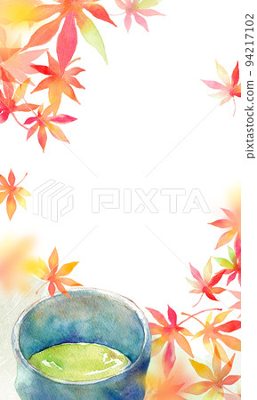 Autumn leaves and matcha green tea background material watercolor Autumn leaves and matcha green tea background material watercolor 94217102