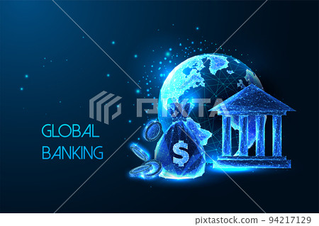 Concept of global banking system with planet Earth, money bag, coins and bank building on dark blue  94217129