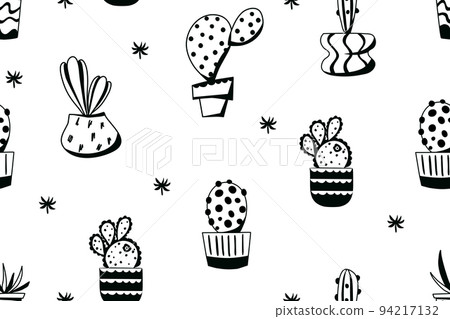 Different cacti seamless pattern on a white background. Vector background with desert plants. doodle illustration. Different cacti seamless pattern on a white background. Vector background with desert plants. doodle illustration. 94217132