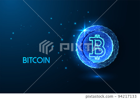Virtual cryptocurrency concept with Bitcoin coin in futuristic glowing low polygonal style on blue Virtual cryptocurrency concept with Bitcoin coin in futuristic glowing low polygonal style on blue 94217133
