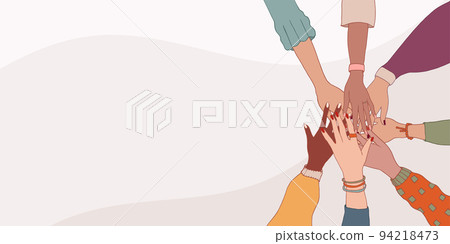 Diversity women. Group hands on top of each other of diverse multi-ethnic and multicultural women. Female social network community. Cooperation.Diverse culture.Racial equality. Friendship 94218473