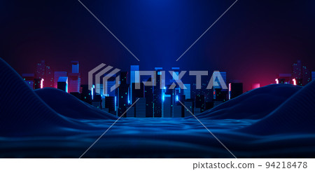 3d rendering night cityscape with wireframe hill and blue and red light. Abstract technology background illustration. 3d rendering night cityscape with wireframe hill and blue and red light. Abstract technology background illustration. 94218478