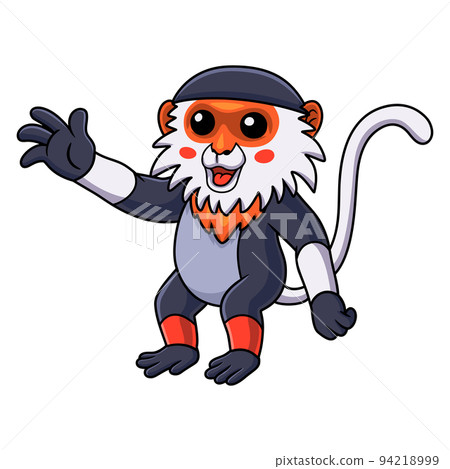 Cute red shanked douc monkey cartoon waving hand Cute red shanked douc monkey cartoon waving hand 94218999