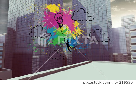 Colourful light bulb graphic on city view Colourful light bulb graphic on city view 94219559