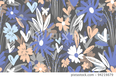 Seamless floral pattern based on traditional folk art ornaments. Colorful flowers on color background. Scandinavian style. Sweden nordic style. Vector illustration. Simple minimalistic pattern 94219879
