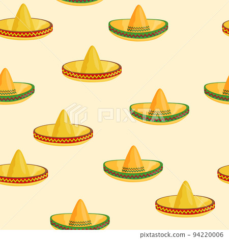 Seamless pattern with ethnic sombrero hat on color background. Vector drawing illustration for packaging, fabric, textile. Wild west, Mexico concept. Traditional Mexican wide brimmed hat 94220006