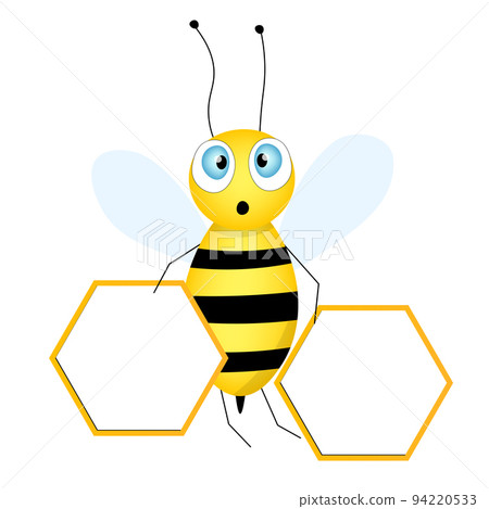 Cartoon cute bee mascot. Merry bee with an empty table. Small wasp. Vector character. Insect icon. Holiday template design for invitation, cards, wallpaper, school, kindergarten. Copy space. Cartoon cute bee mascot. Merry bee with an empty table. Small wasp. Vector character. Insect icon. Holiday template design for invitation, cards, wallpaper, school, kindergarten. Copy space. 94220533