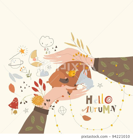 Cartoon Hands with Autumn Leaves holding Sleeping Animals 94221010