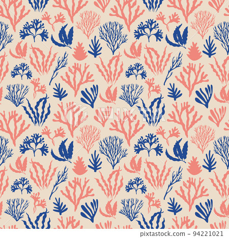 Seamless pattern with marine plants, leaves and seaweed. Hand drawn marine flora. Vector illustration. Surface design. 94221021