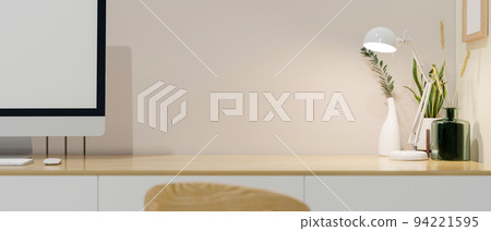 Close-up, Minimal working space with computer and copy space on wooden tabletop Close-up, Minimal working space with computer and copy space on wooden tabletop 94221595