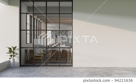 Modern office corridor or hall interior design with a large window and empty space over the white wall 94221636