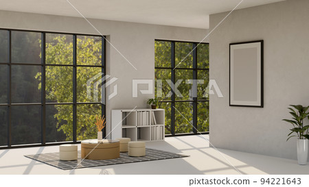 Modern urban living room interior with coffee table, stools and frame mockup on white wall 94221643