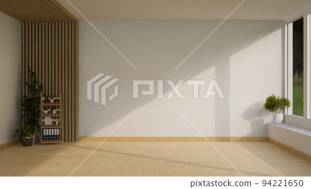 Minimal empty room in white and wood interior style decorated with wood shelf, indoor plants Minimal empty room in white and wood interior style decorated with wood shelf, indoor plants 94221650