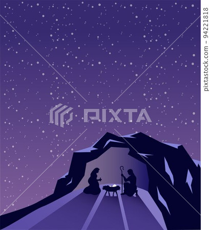 Illustration of nativity scene against purple sky Illustration of nativity scene against purple sky 94221818