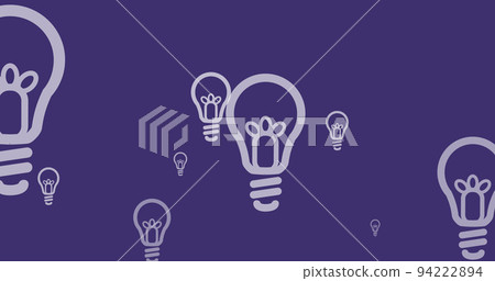 Image of white light bulbs flying up on purple background Image of white light bulbs flying up on purple background 94222894