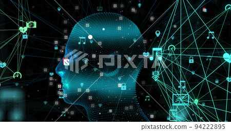 Image of human head spinning with digital interface connections networks Image of human head spinning with digital interface connections networks 94222895