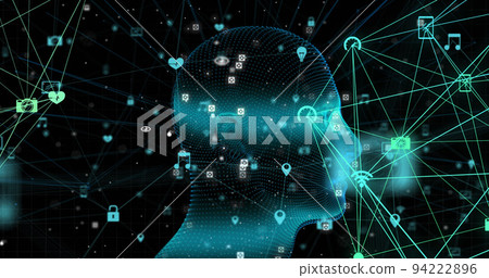 Image of human head spinning with digital interface connections networks 94222896