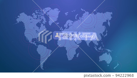 Profile icon with increasing followers against pulsating circles over world map on blue background Profile icon with increasing followers against pulsating circles over world map on blue background 94222968