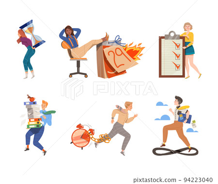 Time Management with People Characters Multitasking and Organizing their Time Vector Illustration Set 94223040