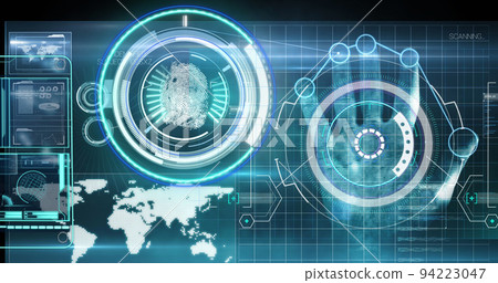Image of scopes scanning, biometric fingerprint and medical data processing over digital screen 94223047