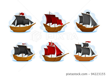 Pirate Sailing Ship with Square Rigged Masts Navigating Upon Water Vector Set Pirate Sailing Ship with Square Rigged Masts Navigating Upon Water Vector Set 94223155