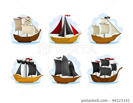 Pirate Sailing Ship with Square Rigged Masts Navigating Upon Water Vector Set 94223181