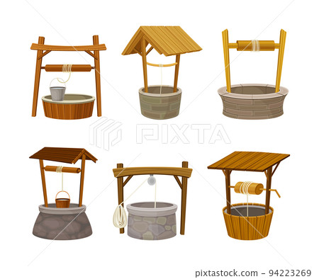 Well as Stone or Wood Structure in the Ground for Accessing Water with Bucket Raising by Hand Using Winch Vector Set Well as Stone or Wood Structure in the Ground for Accessing Water with Bucket Raising by Hand Using Winch Vector Set 94223269