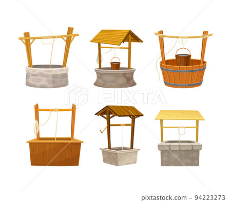 Well as Stone or Wood Structure in the Ground for Accessing Water with Bucket Raising by Hand Using Winch Vector Set Well as Stone or Wood Structure in the Ground for Accessing Water with Bucket Raising by Hand Using Winch Vector Set 94223273