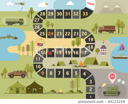 Frame of board game ,Funny frame,snake games.Army transport Combat Vehicles collection with tanks military vehicles,Equipment for the war,Vector illustrations. 94223289