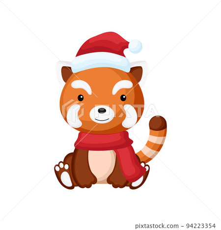 Cute little red panda sitting in a Santa hat and red scarf. Cartoon animal character for kids t-shirts, nursery decoration, baby shower, greeting card, invitation. Isolated vector stock illustration Cute little red panda sitting in a Santa hat and red scarf. Cartoon animal character for kids t-shirts, nursery decoration, baby shower, greeting card, invitation. Isolated vector stock illustration 94223354