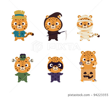 Cute Halloween cheetah set. Cartoon animal character collection for kids t-shirts, nursery decoration, baby shower, greeting card, invitation. Vector stock illustration Cute Halloween cheetah set. Cartoon animal character collection for kids t-shirts, nursery decoration, baby shower, greeting card, invitation. Vector stock illustration 94223355