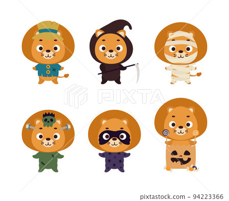 Cute Halloween lion set. Cartoon animal character collection for kids t-shirts, nursery decoration, baby shower, greeting card, invitation. Vector stock illustration Cute Halloween lion set. Cartoon animal character collection for kids t-shirts, nursery decoration, baby shower, greeting card, invitation. Vector stock illustration 94223366