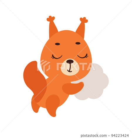 Cute little squirrel sleeping on cloud. Cartoon animal character for kids t-shirt, nursery decoration, baby shower, greeting cards, invitations, house interior. Vector stock illustration 94223424