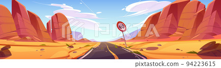 Car road in desert with sand and mountains 94223615