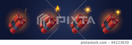 Dynamite sticks with burning fuse and match set Dynamite sticks with burning fuse and match set 94223630